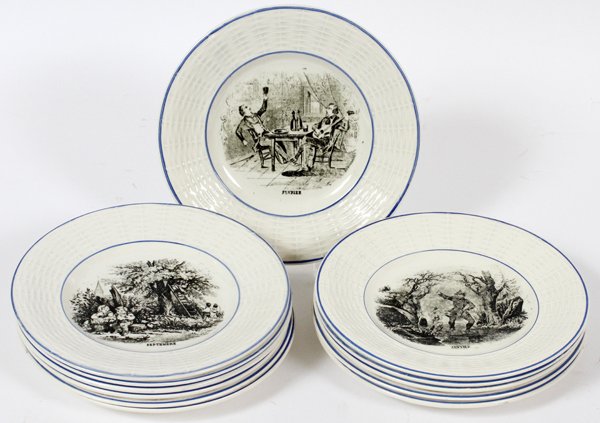 DIGOIN & SARREGUEMINES CREIL PLATES TWELVE: DIGOIN & SARREGUEMINES CREIL PLATES, TWELVE, DIA 7", 'MONTHS OF THE YEAR':Each creamware plate is black transfer-decorated at the well with figures in outdoor settings and the month indicated below; s