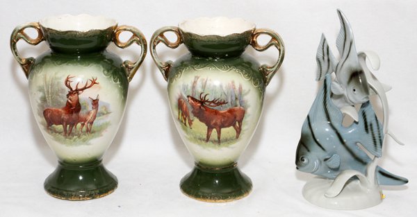 GERMAN PORCELAIN VASES C. 1900 PAIR: GERMAN PORCELAIN VASES, C. 1900, PAIR, H 9", & ROYAL DUX ANGEL FISH, H 10":Including a set of 2 porcelain vases, each decorated with deer in landscape, and 1 Royal Dux porcelain figure of angel fish. 