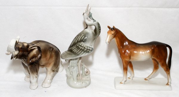 ROYAL DUX PORCELAIN ANIMAL FIGURES THREE: ROYAL DUX PORCELAIN ANIMAL FIGURES, THREE, H 8 1/2"-11":Including an elephant, a crane, and a horse; each with manufacturer's marks underneath (see additional photo).