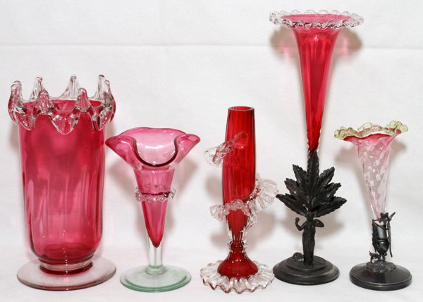 VICTORIAN CRANBERRY GLASS VASES 19TH C. FIVE: VICTORIAN CRANBERRY GLASS VASES, 19TH C., FIVE, H 7"-11", INCLUDING FIGURAL:Including 2 trumpet-form vases with ruffled rims, one of which is trimmed in Vaseline, and each is raised on a silverplate f