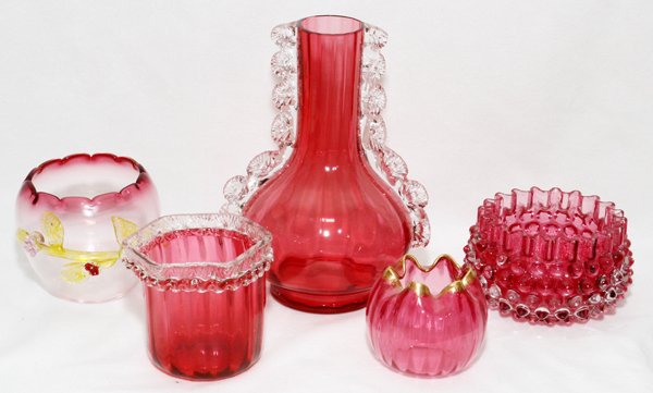 VICTORIAN CRANBERRY GLASS VASES & BOWLS LATE 19TH C: VICTORIAN CRANBERRY GLASS VASES & BOWLS, LATE 19TH C., FIVE PIECES, H 2"-8":Including 2 cranberry glass vases trimmed in clear, 1 hobnail bowl, 1 rose bowl with gilt rim, and 1 white opalescent rose b