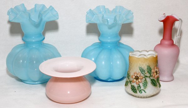 VICTORIAN GLASS VASES & CRUET LATE 19TH C. - 5 PCS: VICTORIAN GLASS VASES & CRUET, LATE 19TH C., FIVE PIECES, H 3"-7", INCLUDING CORALENE:Including 2 blue glass vases with ruffled rims, 1 peach vase with evert rim, 1 coralene vase, and 1 cruet.