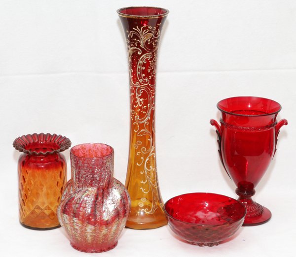 RUBY GLASS VASES BOWL & LOETZ STYLE VASE: RUBY GLASS VASES, BOWL, & LOETZ STYLE VASE, LATE 19TH-EARLY 20TH C., FIVE PIECES, H 2"-14":Including 2 amberina vases, one of which with enameled decoration, 1 ruby glass bowl and 1 ruby glass vase; t