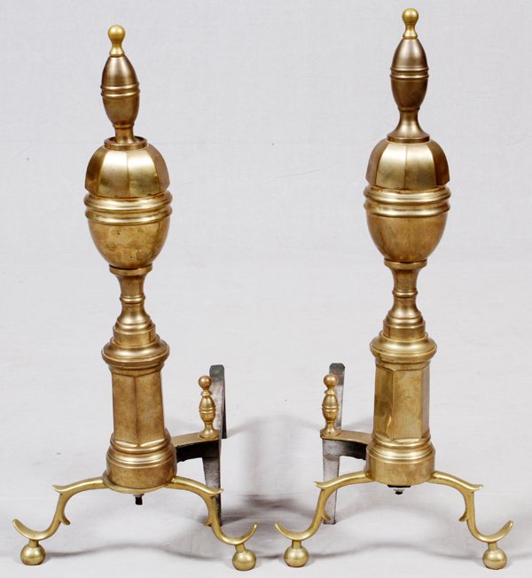 BRASS ANDIRONS PAIR: BRASS ANDIRONS, PAIR, H 24", W 10":Measuring H.24" x 10" x 17".