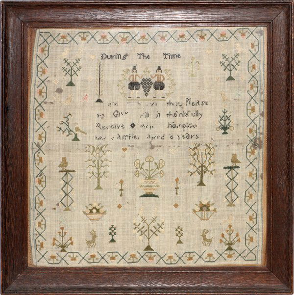 ANTIQUE HAND SEWN VERSE SAMPLER: ANTIQUE HAND SEWN VERSE SAMPLER, 13" X 13":Including a verse, figures and flowers. Yellow, green, black on linen. 19th.c. Framed under glass.