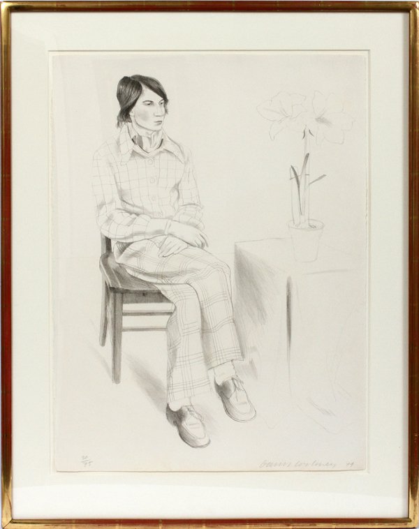 DAVID HOCKNEY LITHOGRAPH 1974: DAVID HOCKNEY (BRITISH B. 1937), LITHOGRAPH, 1974, H 27", W 22", "YVES MARIE":Pencil signed and dated; #30/75; 26 3/4" x 21 3/4" image; 30" x 22" paper; floated in the frame. Ref: Cat. Raisonné #156.