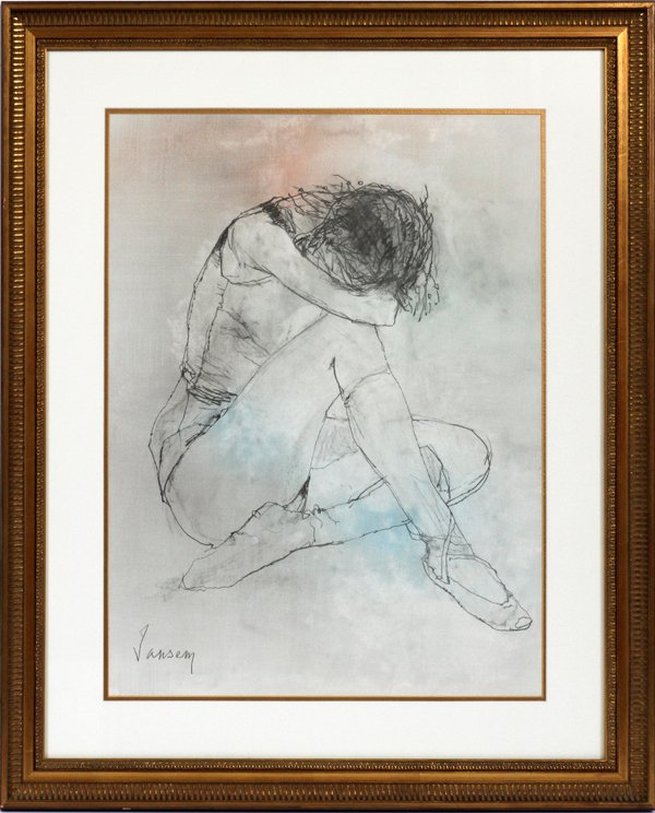 JEAN JANSEM MIXED MEDIA DRAWING: JEAN JANSEM MIXED MEDIA DRAWING, H 27", L 20", BALLERINA: Jean Jansem [French/Armenian, 1920-2013]. The pencil, charcoal and gouache depicts a ballerina at rest. Signed lower left. Framed and matted u