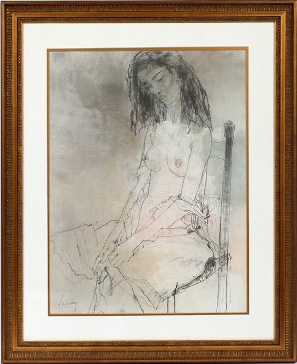 JEAN JANSEM MIXED MEDIA DRAWING: JEAN JANSEM MIXED MEDIA DRAWING, H 27", L 20"' SEMI NUDE-BALLERINA:Jean Jansem [French/Armenian, 1920-2013]. The pencil, charcoal and gouache drawing depicts a seated semi-nude ballerina Signed lower
