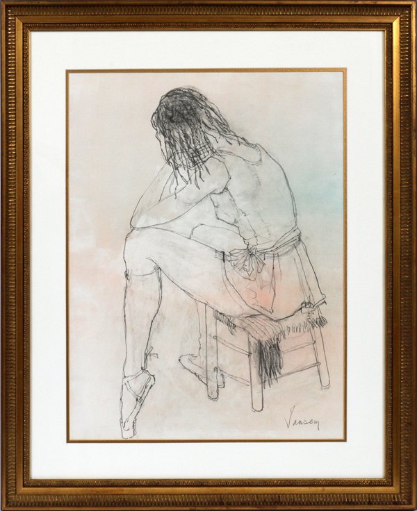 JEAN JANSEM MIXED MEDIA DRAWING: JEAN JANSEM MIXED MEDIA DRAWING, H 27", L 20", BALLERINA:Jean Jansem [French/Armenian, 1920-2013]. A drawing in pencil, charcoal and gouache depicting a seated ballerina. Signed lower right. Framed an