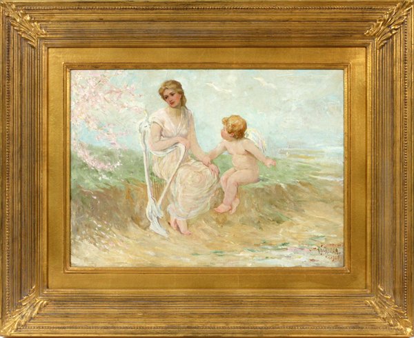 FREDERICK STUART CHURCH, OIL ON CANVAS MOUNTED ON BOARD: FREDERICK STUART CHURCH, OIL ON CANVAS MOUNTED ON BOARD, 1904, H 17", W 22": Signed lower right. Dated 1904. Framed. Allegorical lady holding lyre, cupid alongside. 26 1/4" x 32 3/8" outer dimensions