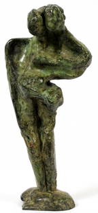 HANNA STIEBEL BRONZE HOLOCAUST FIGURE: HANNA STIEBEL (AMERICAN, 1923-2005), BRONZE HOLOCAUST FIGURE, H 10 1/2":Signed H. Stiebel. Green patina.