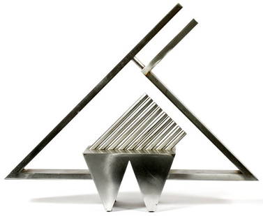 HANNA STIEBEL ALUMINUM ABSTRACT SCULPTURE: HANNA STIEBEL ALUMINUM ABSTRACT SCULPTURE, H 14", W 17":Triangles, triangle base. Signed, Hanna Stiebel. (AMERICAN, 1923-2005),