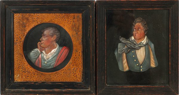 PAINTED CARVED WOOD FIGURES CIRCA 1800'S TWO: PAINTED CARVED WOOD FIGURES, CIRCA 1800'S, TWO, "LORD BYRON":Each in a shadow box H7", L 7" with label on verso "Thomas Stewart Hayward, Stewart House Swanage".