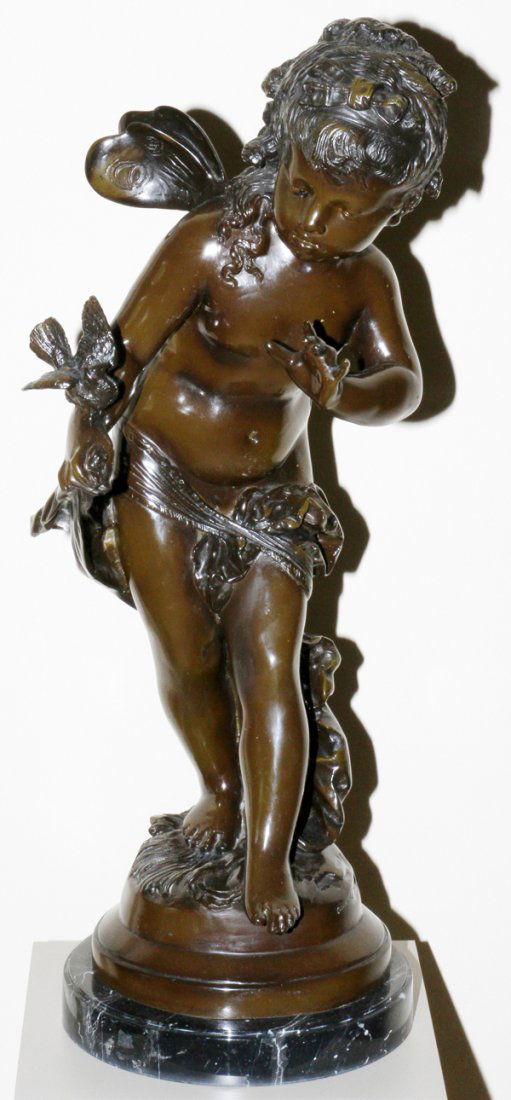 AFTER AUGUSTE MOREAU BRONZE SCULPTURE: AFTER AUGUSTE MOREAU, BRONZE SCULPTURE, LATE 20TH C. CASTING, H 27", W 11", CHERUB WITH BIRD:Signed; green marble base.