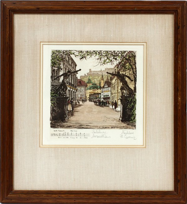 HENRY GOERING ETCHING ON PAPER: HENRY GOERING [GERMAN, 1871-1944], ETCHING ON PAPER, H 7 1/2" W 7 1/2":Pencil signed at the lower right, depicting the town of Salzburg, where Mozart was born. Measuring H. 7 1/2" x 7 1/2" visible, ma