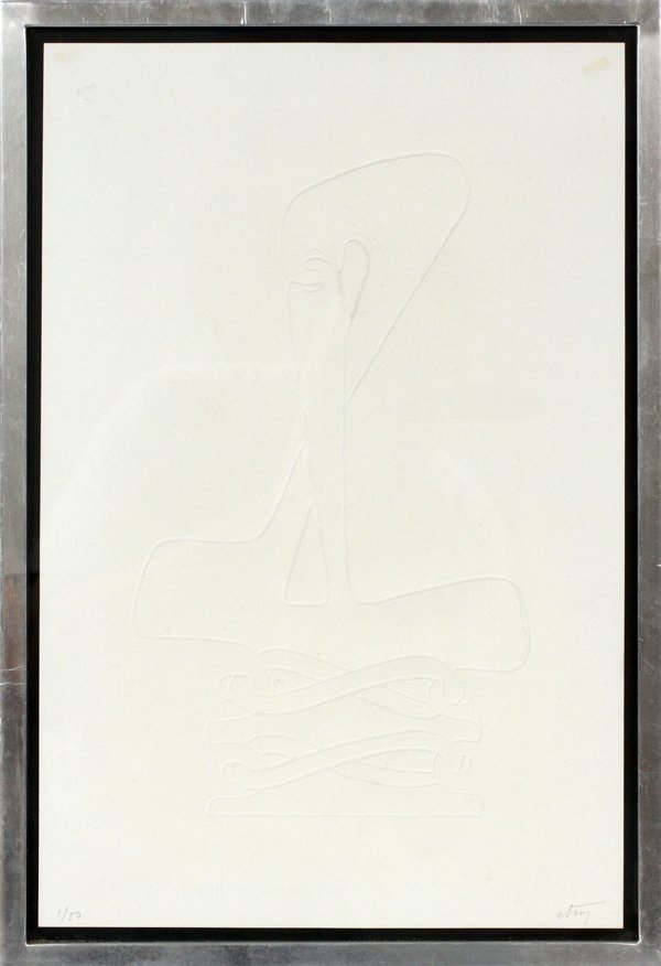 SOREL ETROG EMBOSSED PRINT: SOREL ETROG (1933-), EMBOSSED PRINT, 16" X 10 1/2", PELICAN: Pencil signed at the lower right, edition #1/50. Embossed print on paper depicting a pelican figure. Measuring H. 16" x 10 1/2", framed und