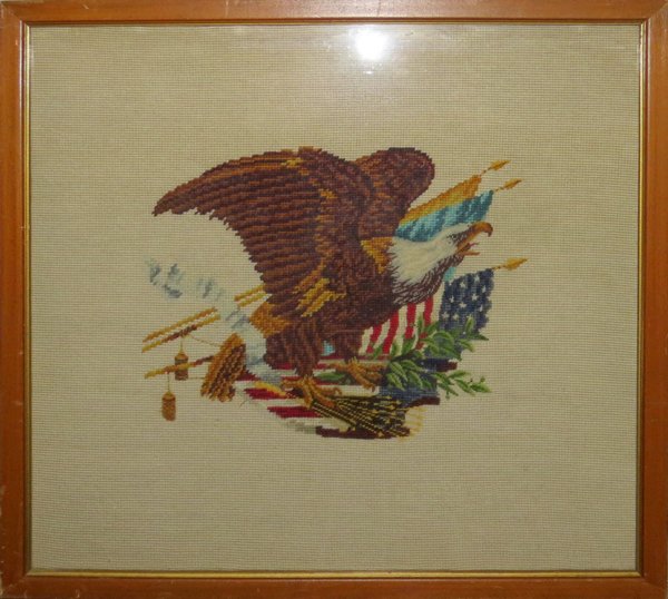 AMERICAN EAGLE NEEDLEPOINT: AMERICAN EAGLE NEEDLEPOINT, 20" X 30", FRAMED: Under glass in a simple wood frame. C. mid 20th c.
