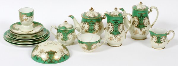 NORITAKE HAND-PAINTED PORCELAIN BREAKFAST SET: NORITAKE HAND-PAINTED PORCELAIN BREAKFAST SET FOR TWO, 14 PIECES:Green and white with gold design. Including in this set for 2, a creamer, a sugar, tea and coffee pot, and a 3rd pot. 2 bread and butte