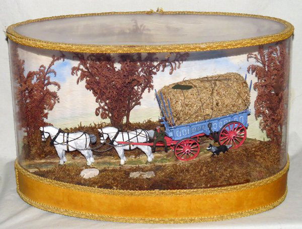 ANTIQUE HAT BOX W/ DIORAMA OF WAGON & HORSES: ANTIQUE HAT BOX WITH DIORAMA OF COVERED WAGON AND HORSES:Very colorful.