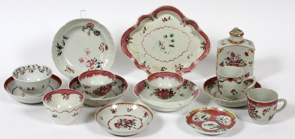 LOWESTOFT PORCELAIN TABLEWARE 18TH CENTURY: LOWESTOFT PORCELAIN TABLEWARE, 18TH CENTURY, H 5 1/4", L 4 3/4"-7 3/4":Including six cups with five saucers, one oval, lobed form tray, L. 7 3/4", one tea caddy, H. 5 1/4", and two round plates. For a