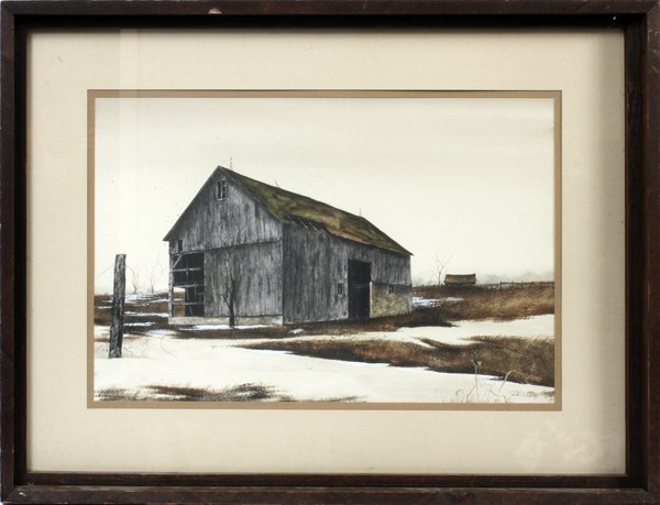 ROB GWYNN WATERCOLOR & TEMPERA C. 1978: ROB GWYNN (20TH/21ST C.), WATERCOLOR & TEMPERA, C. 1978, 19 1/2" X 29", OLD BARN:Early winter setting with an old barn. Signed lower right, matted under glass in a custom wood frame. Framed size 32" x