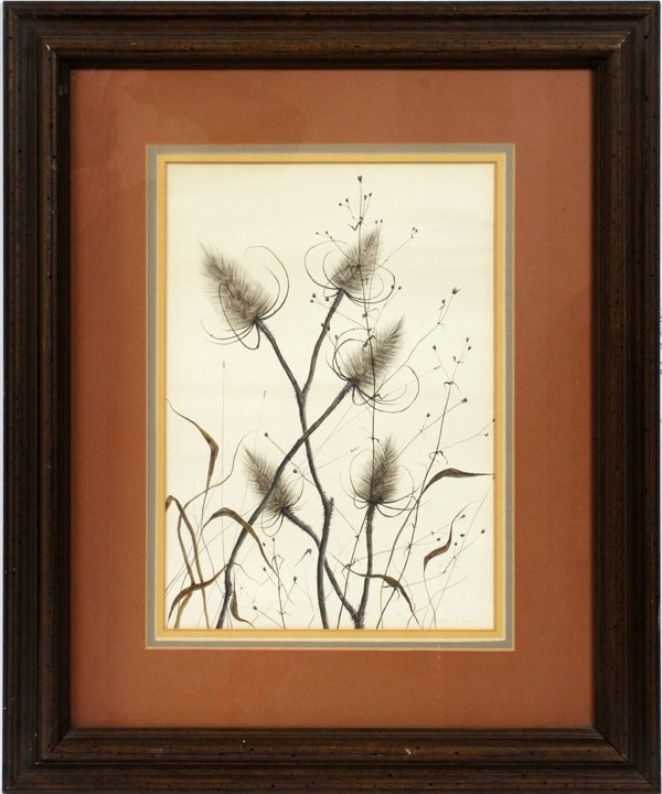 ROB GWYNN WATERCOLOR 1978 VISIBLE: ROB GWYNN (20TH/21ST C.), WATERCOLOR, 1978, 14" X 10" VISIBLE, 'THISTLES':Signed lower right, under glass and triple matted in a contemporary wood frame, titled and dated on the reverse. Framed size 2