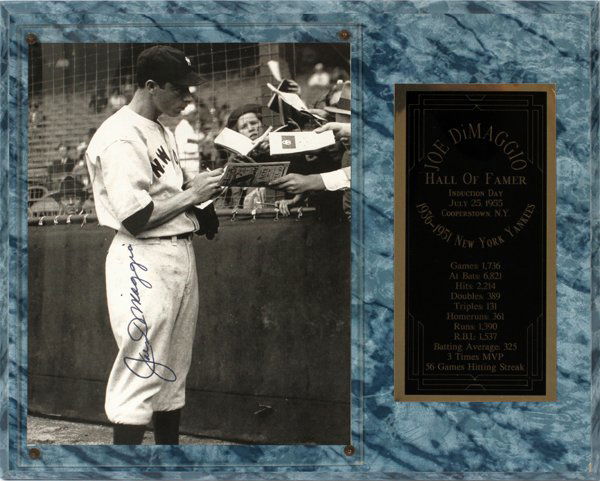 JOE DI MAGGIO SIGNED PLAQUE: JOE DI MAGGIO SIGNED PLAQUE, H 15", L 12":A Joe Di Maggio signed photo print accompanied by HOF statistics on a plaque. For a high resolution photo CLICK HERE