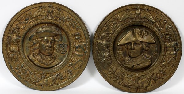 BRASS REPOUSSE PLAQUES OF PRUSSIAN RULERS TWO: BRASS REPOUSSE PLAQUES OF PRUSSIAN RULERS, TWO, DIA 18",:Including one depicting Frederick the Great [reigning over the Kingdom of Prussia from 1740-1786], and one depicting Frederick William [reignin