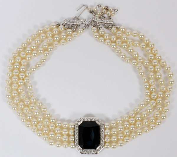 KENNETH JAY LANE NECKLACE: KENNETH JAY LANE, NECKLACE, L 13":having four rows of faux pearls, one large emerald cut dark stone surrounded by rhinestones along with a plated clasp with additional stones. Stamped "China" and "JKL