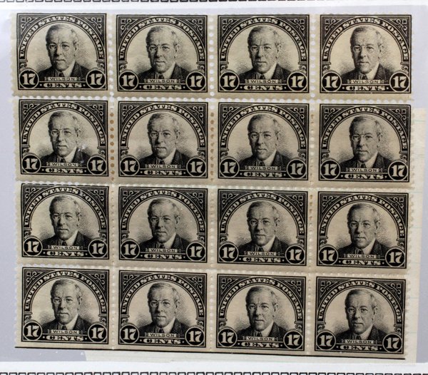 POSTAGE BLOCK SCOTT #623 NH OG UNUSED 1925: POSTAGE BLOCK, SCOTT #623, NH, OG, UNUSED 1925, (1):Woodrow Wilson - U.S President. Flat Plate Printing, .17c Seventeen Cent. For a high resolution photo CLICK HE