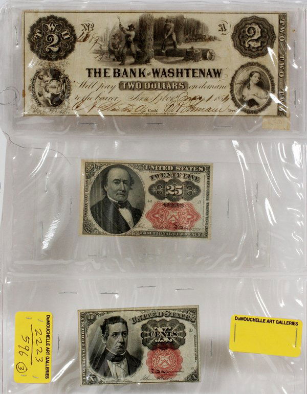 1874 FRACTIONAL CURRENCY NOTES & 1854 $2.BANKNOTE: 1874 FRACTIONAL CURRENCY NOTES & 1854 $2.BANKNOTE, 2 PCS.:Columbian Bank Note Co, Washington, D.C. Paper Currency Notes. 10c , 25c & $2. For a high resolution photo