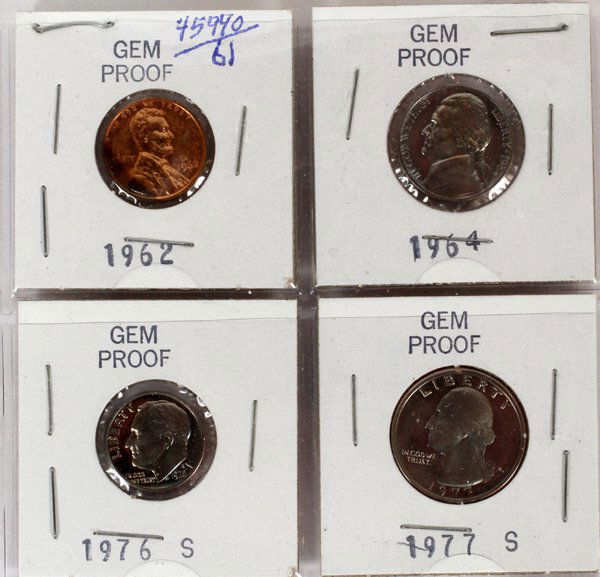 U.S.'GEM PROOF'COINS.25 C 10C 05C.01C 1962 64 76 77: U.S. 'GEM PROOF' COINS, .25 C, .10C, .05C, .01C, 1962, 64, 76, 77, (4):1962 Gem Proof Lincoln Memorial .01c Cent,(1). 1964 Gem Proof Jefferson Nickel .05c (1). 1976-S Roosevelt Dime Gem Proof .10c (1)