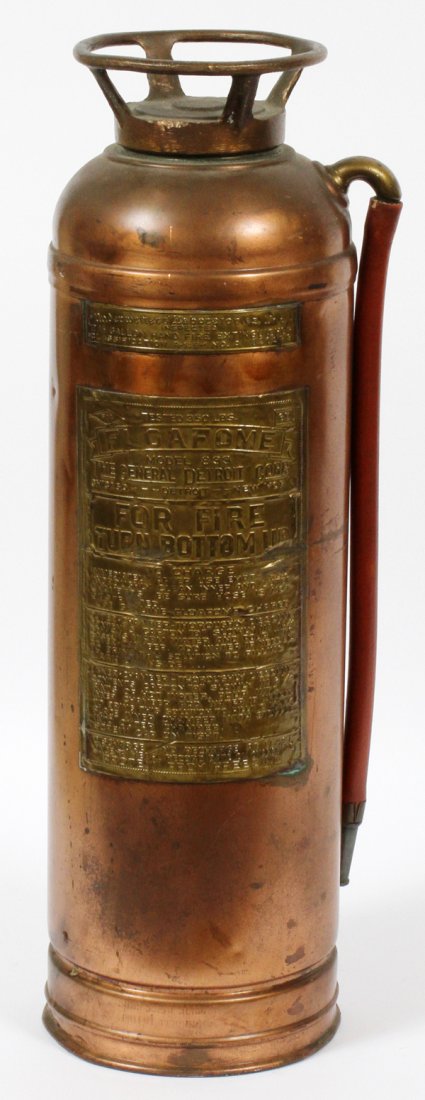COPPER FIRE EXTINGUISHER: COPPER FIRE EXTINGUISHER, H 24":The General Detroit Corp. "Floafoam" model 833 copper cased fire extinguisher. H 24" For a high resolution photo CLICK HERE