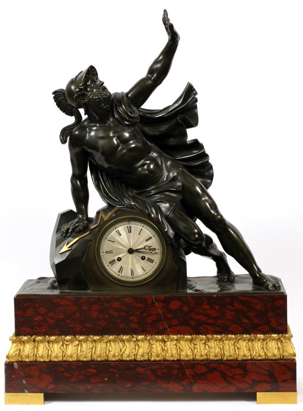 FRENCH REGENCY BRONZE & MARBLE CLOCK C. 1815: FRENCH REGENCY BRONZE & MARBLE CLOCK, C. 1815, H 30", W 22 1/4", HERCULES:Or Régence, raised on a rouge marble and bronze ormolu mounted base, depicting the figure of Hercules leaning on a rock forma