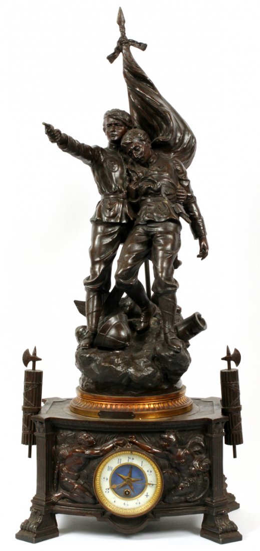 FRENCH BRONZE FIGURAL MANTEL CLOCK C. 1917: FRENCH BRONZE FIGURAL MANTEL CLOCK, C. 1917, H 37", W 15", D 9", XAVIER RAPHANEL:A French mantel clock, raised on rectangular form base, with column form supports at each corner; relief decorated at t