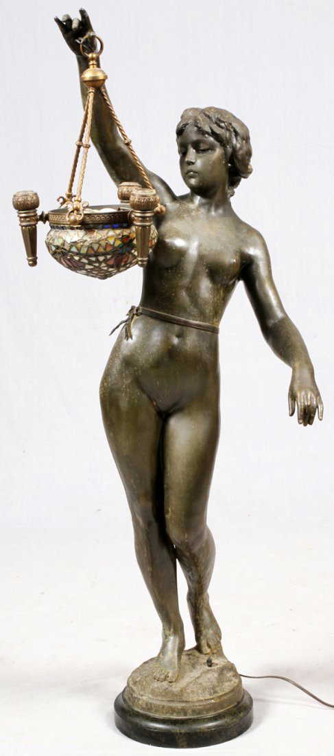 Art Nouveau Bronze Spelter Newel Post Lamp