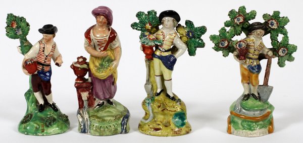 ENGLISH PORCELAIN FIGURES 19TH C. FOUR: ENGLISH PORCELAIN FIGURES, 19TH C., FOUR, H 5 1/2'':Including two Staffordshire figures, both depict a standing male gardening figure, one impress marked, "Walton", the other, "Gardeners"; together wi