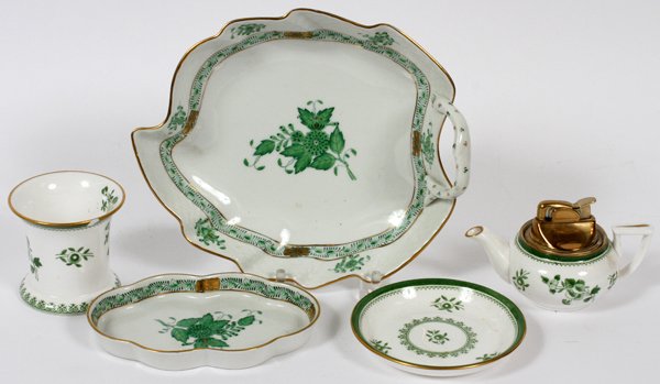 HEREND 'CHINESE BOUQUET-GREEN' & OTHER TABLEWARE: HEREND 'CHINESE BOUQUET-GREEN' & OTHER TABLEWARE, C. 1930-60, FIVE PIECES:Including a porcelain leaf form tray, fitted with a single handle, L. 8", and one oval dish, with a scalloped edge, L. 5 1/4",