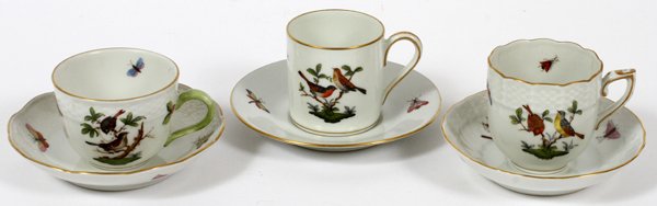 HEREND 'ROTHSCHILD' PORCELAIN CUPS & SAUCERS-3 SETS: HEREND 'ROTHSCHILD' PORCELAIN CUPS & SAUCERS, C. 1930, THREE SETS:Including three cups with three saucers, each decorated in the Rothschild pattern, and stamped at the underside. Cups measure H. 2" to