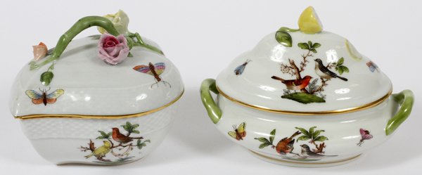 HEREND 'ROTHSCHILD BIRD' PORCELAIN COVERED DISHES-2: HEREND 'ROTHSCHILD BIRD' PORCELAIN COVERED DISHES, TWO, L 5":Including 1 leaf-shape with roses along the vine handle, L.4 3/4", and 1 bombe-form with lemon finial, L.5". For a high resolution photo