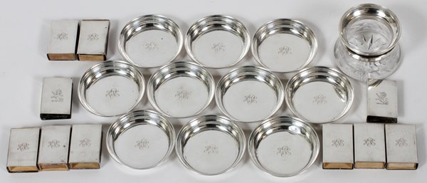 AMERICAN STERLING TABLEWARE & ACCESSORIES 21 PIECES: AMERICAN STERLING TABLEWARE & ACCESSORIES, 20TH C., 21 PIECES:Including a set of 10 monogrammed sterling dishes, Dia. 2 5/8"; together with 10 sterling matchbox frames, 8 of which are monogrammed and 