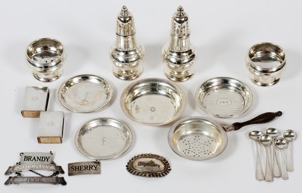 ENGLISH & AMERICAN STERLING TABLEWARE 16 PIECES: ENGLISH & AMERICAN STERLING TABLEWARE, EARLY 20TH C., 16 PIECES: Including a pair of salt and pepper shakers, H. 4 1/8", and a pair of footed open salts, both sets by M. Fred Hirsch Company; together 