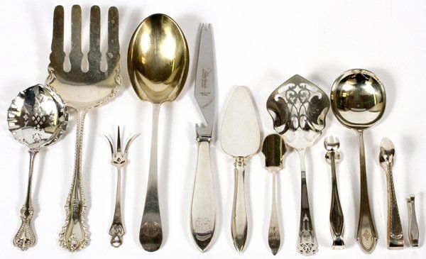 AMERICAN STERLING SERVING PCS & ENGLISH SUGAR TONGS: AMERICAN STERLING SERVING PIECES & ENGLISH SUGAR TONGS, TWELVE PIECES:American sterling silver by Gorham, Dominick & Haff, Towle, and Frank M. Whiting includes 1 sugar tongs, 1 lemon fork, 1 cheese se