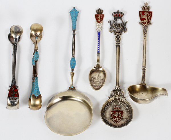 DAVID ANDERSEN ENAMEL & STERLING FLATWARE 6 PCS: DAVID ANDERSEN ENAMEL & STERLING FLATWARE, C. 1900-1910, SIX PIECES:Including two spoon and tong sets, one gilt sterling set decorated with light blue enameling about the handles, L. 4 1/8" and 6 3/4"