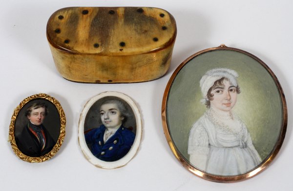 ANTIQUE PORTRAIT MINIATURES EARLY-MID 19TH C. THREE: ANTIQUE PORTRAIT MINIATURES, EARLY-MID 19TH C., THREE, & A BONE BOX, L 2":The hand painted miniatures include 1 half-length portrait of a young woman, early 19th c., not signed, in a gold tone frame w