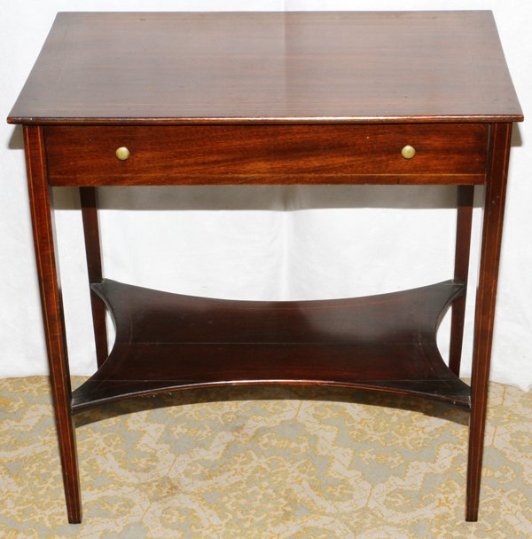 HEPPLEWHITE STYLE MAHOGANY SERVING TABLE C. 1900: HEPPLEWHITE STYLE MAHOGANY SERVING TABLE, C. 1900, H 28", W 28", D 18":Mahogany with satinwood string inlay, fitted with one drawer above a shelf stretcher. For a high resolution photo