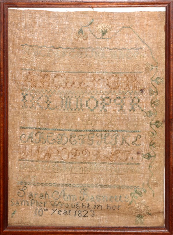 AMERICAN NEEDLEWORK SAMPLER 1823: AMERICAN NEEDLEWORK SAMPLER, 1823, 15" X 10":Alphabet in registers. "Sarah Ann Basnette". For a high resolution photo CLICK HERE