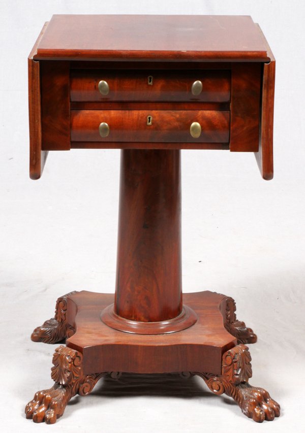 AMERICAN DUNCAN PHYFE PERIOD SIDE TABLE C. 1820: AMERICAN DUNCAN PHYFE PERIOD MAHOGANY DROP LEAF SIDE TABLE, C. 1820, H 29", W 17" CLOSED, W 35" OPEN D 17":2 drawers; pedestal base with claw feet. For a high resolution photo