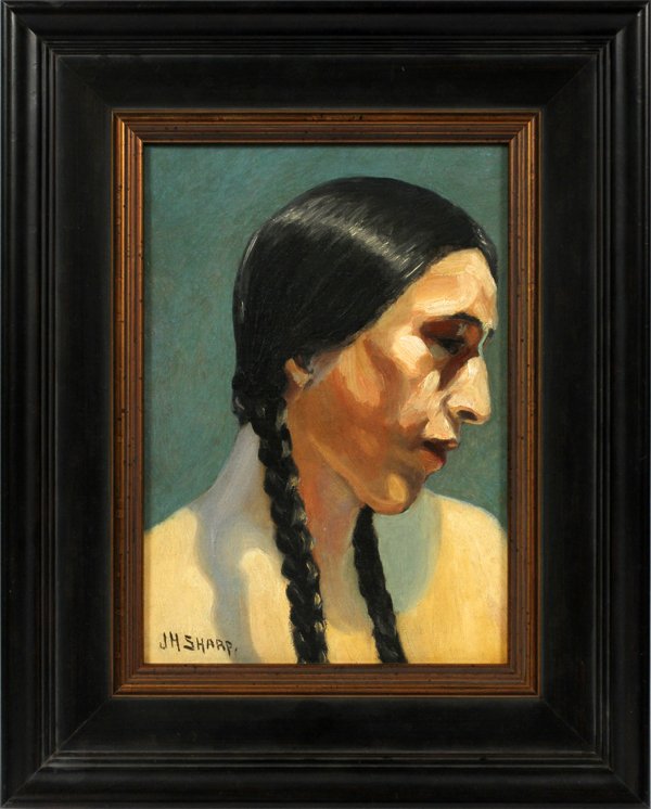 JOSEPH HENRY SHARP (AMERICAN, 1859-1953), OIL ON BOARD: JOSEPH HENRY SHARP (AMERICAN, 1859-1953), OIL ON BOARD, "HUNTING SON IN SUNLIGHT", H 14", W 10":Signed lower left; framed. For a high resolution photo CLICK HERE</