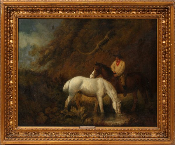 IN THE MANNER OF GEORGE MORLAND OIL ON CANVAS: IN THE MANNER OF GEORGE MORLAND, OIL ON CANVAS, W 19.5", L 25.5" RIDER ON HORSEBACK:Rider on horseback. Framed. Unsigned. For a high resolution photo CLICK HERE<